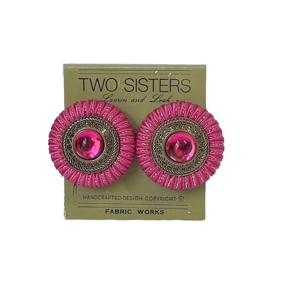 1980s Two Sisters Fabric Works Pink Fabric Lucite Cabochons Button Clip Earrings - Picture 1 of 4